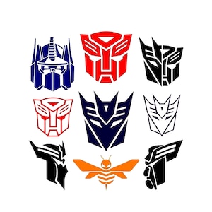 Puede incluir: Nueve logotipos estilizados en varios colores, incluyendo rojo, azul, negro y naranja, sobre un fondo blanco. Los logotipos presentan formas y diseños geométricos, algunos parecidos a caras de robots y símbolos.