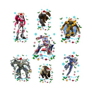 Könnte beinhalten: Sieben Roboter-Charakterdesigns, jedes mit Weihnachtsmütze, Schneeflocken und festlichen Girlanden. Die Roboter sind in verschiedenen Farben gehalten, darunter Rot, Blau, Gelb und Silber, vor einem weißen Hintergrund.
