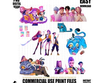 Disegni di personaggi K pop personalizzabili, sublimazione digitale, pacchetto cacciatori di demoni Kpop, PNG digitale trasparente Kpop, pacchetto gatto K pop PNG