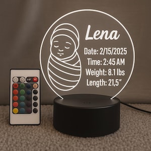 Personalized Baby Birth Night Light – Simple Baby Line Art – Custom Acrylic LED Sign for Nursery or Newborn Gift