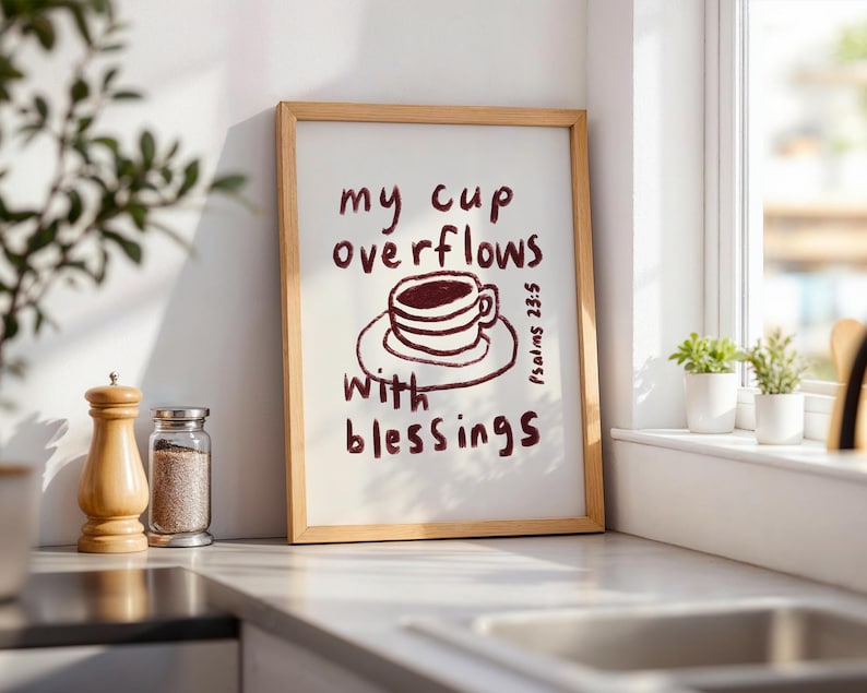 Neutral minimalist Christian printable scripture decor framed Psalm 23:5 wall art for modern homes