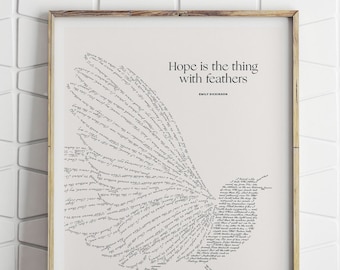 Emily Dickinson "HOPE" Literary Art Print, Handwriting Typography Poetry Lover Gift, Bird Illustration