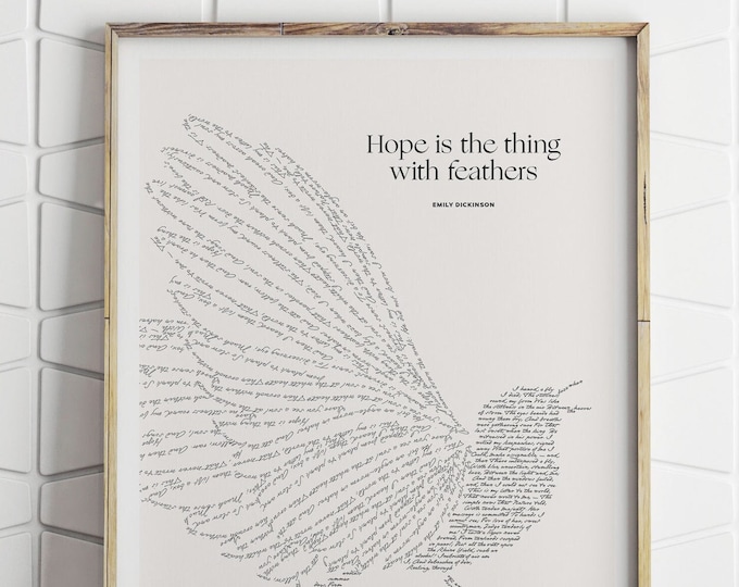 Emily Dickinson "HOPE" Literary Art Print, Handwriting Typography Poetry Lover Gift, Bird Illustration