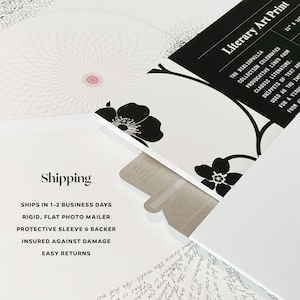 May include: A white envelope with black floral designs and the text "Literary Art Print" on the front. The envelope is open and the text "Shipping" is visible on the inside. The text "Ships in 1-2 business days, Rigid, flat photo mailer, Protective sleeve & backer, Insured against damage, Easy returns" is also visible on the inside of the envelope.