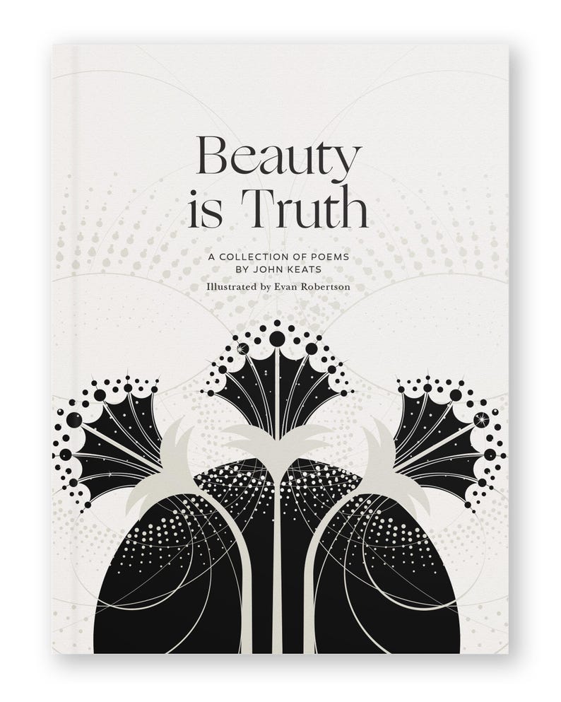 K&ouml;nnte beinhalten: Ein Buchcover mit einer Schwarzwei&szlig;illustration von drei stilisierten B&auml;umen vor wei&szlig;em Hintergrund. Der Titel des Buches lautet "Beauty is Truth" und der Untertitel lautet "A collection of poems by John Keats. Illustrated by Evan Robertson."