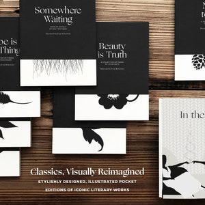 Op de afbeelding: Een verzameling visueel opnieuw vormgegeven klassieke literaire werken. De boeken hebben zwarte omslagen met witte tekst en illustraties. De titels zijn "Somewhere Waiting", "Beauty is Truth" en "In the".