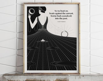 F Scott Fitzgerald "Great Gatsby" Quote Print, And So We Beat On, Daisy Buchanan, Book Lover Gift for Her, Roaring 20s Art