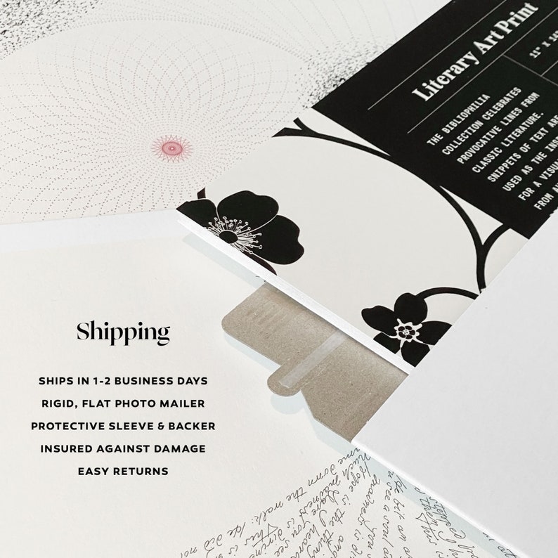 May include: A white envelope with black floral designs and the text "Literary Art Print" on the front. The envelope is open and the text "Shipping" is visible on the inside. The text "Ships in 1-2 business days, Rigid, flat photo mailer, Protective sleeve & backer, Insured against damage, Easy returns" is also visible.