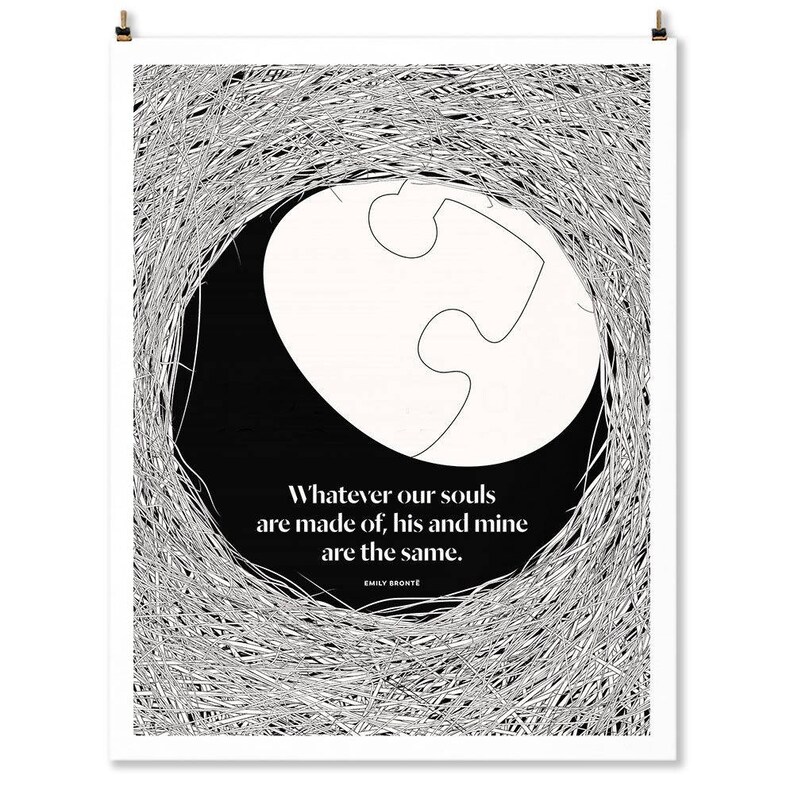 May include: Black and white illustration of two puzzle pieces fitting together inside a circle. The text "Whatever our souls are made of, his and mine are the same." is below the image, attributed to Emily Bronte.