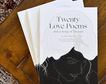 May include: A stack of three paperback books with a black and white cover featuring the title "Twenty Love Poems and a Song of Despair" by Pablo Neruda. The cover features a stylized illustration of a face.