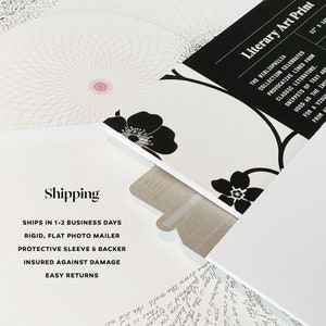 Op de afbeelding: Een witte envelop met zwarte bloemenmotieven en de tekst "Literary Art Print" op de voorkant. De envelop is open en de tekst "Shipping" is zichtbaar aan de binnenkant. De tekst "Ships in 1-2 business days, Rigid, flat photo mailer, Protective sleeve & backer, Insured against damage, Easy returns" is ook zichtbaar aan de binnenkant van de envelop.