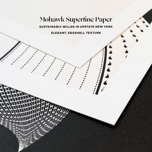 Op de afbeelding: Close-up van twee vellen wit Mohawk Superfine papier met een textuur van eierschalen. Het papier heeft een zwart-wit geometrisch patroon dat erop is gedrukt. De tekst "Mohawk Superfine Paper" is bovenaan het vel gedrukt, gevolgd door "Sustainably Milled in Upstate New York" en "Elegant, Eggshell Texture".