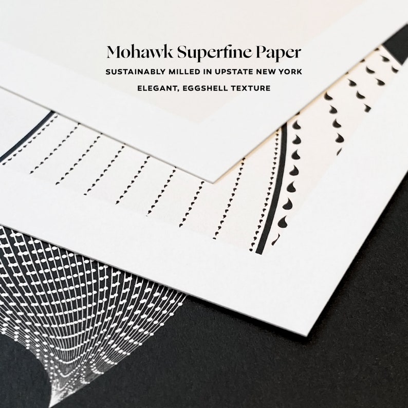 Op de afbeelding: Close-up van twee vellen wit Mohawk Superfine papier met een textuur van eierschalen. Het papier heeft een zwart-wit geometrisch patroon dat erop is gedrukt. De tekst "Mohawk Superfine Paper" is bovenaan het vel gedrukt, gevolgd door "Sustainably Milled in Upstate New York" en "Elegant, Eggshell Texture".