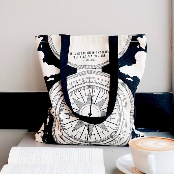 Literary Tote Bag Compass Handmade canvas tote bag with Etsy