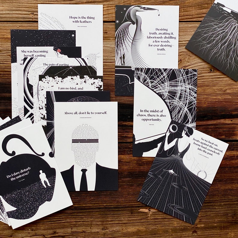 Literary Quotes card set made by ObviousState, many cards are lined up on a table with different black and white designs.