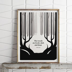 Lámina literaria de Robert Frost, cita &quot;Detenerse en el bosque en una tarde nevada&quot;, decoración de bosque