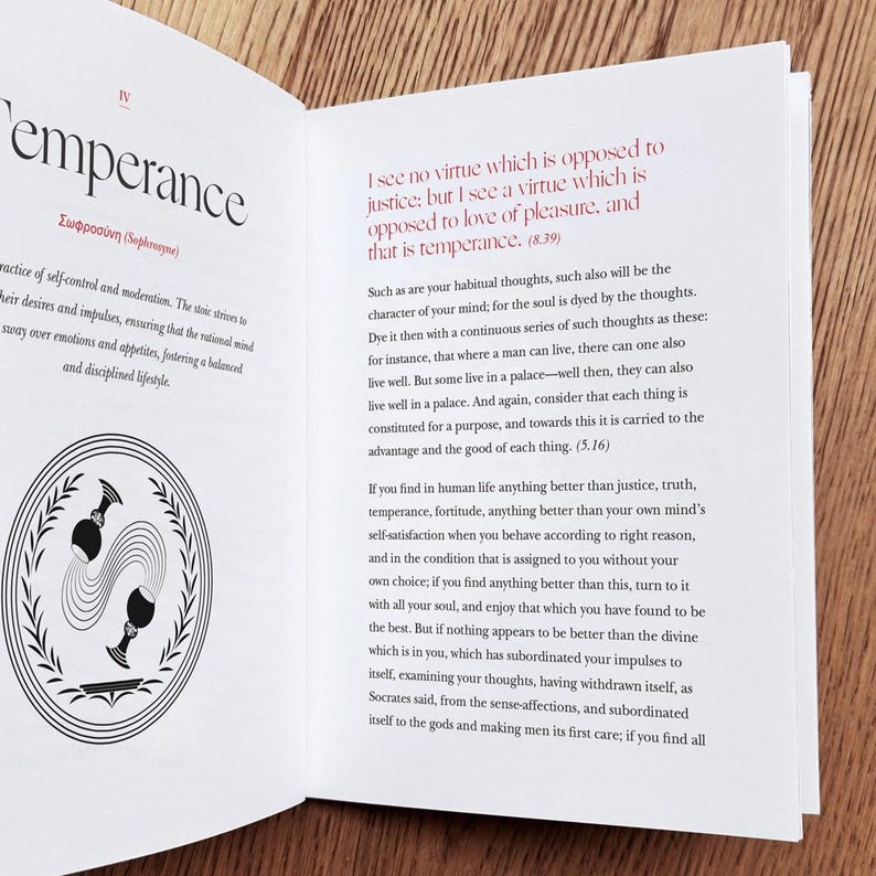 Op de afbeelding: Een open boek met zwarte tekst op wit papier. De pagina bespreekt de deugd van matigheid en hoe deze tegengesteld is aan de liefde voor plezier. De tekst bespreekt ook het belang van zelfbeheersing en matiging.