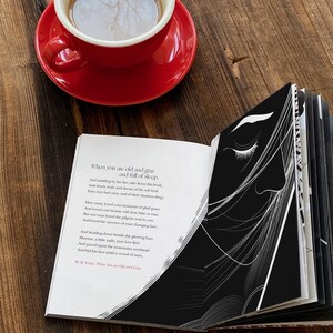 May include: An open book with a black and white illustration of a woman's face on the right page. The left page features a poem by W.B. Yeats titled "When You Are Old and Gray". The book is lying on a wooden table with a red coffee cup and saucer.