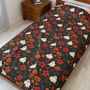Spooky Floral Velveteen Plush Blanket, Cozy Fall Decor, Halloween Gift, Ghosts and Pumpkins Design, Home Comfort, Seasonal Throw