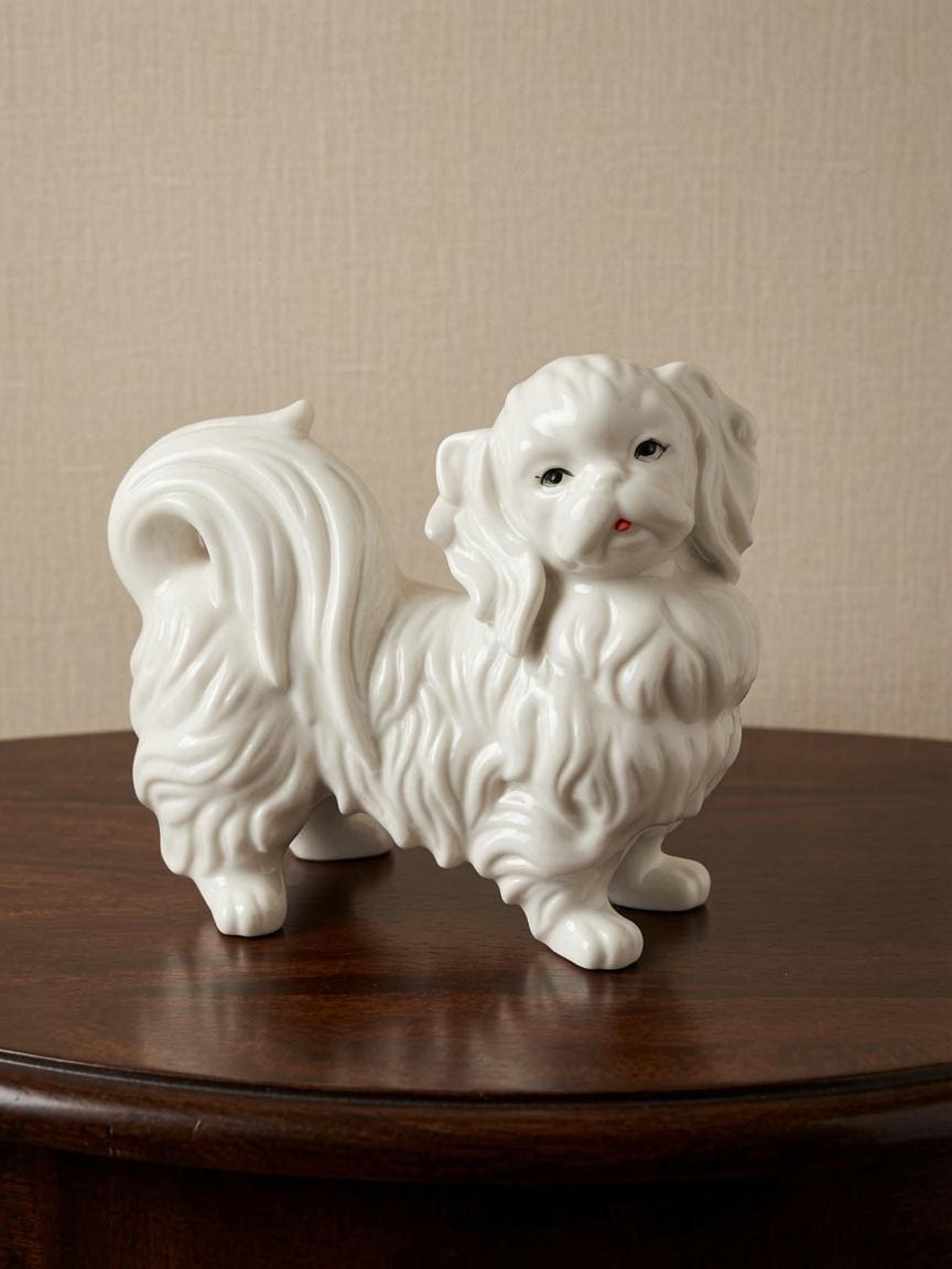 Vintage MCM Porcelain Pekingese Dog Figurine, Hollywood Regency Ceramic Statue