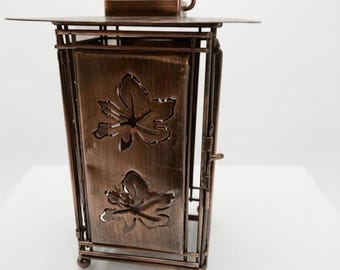 Antique Copper Lantern, Maple Leaf Cutout Tea Light Holder, Rustic Farmhouse Decor