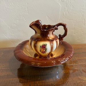 Vintage Ceramic Pitcher and Basin Set: Brown Drip Glaze Floral Decal Vanity Decor