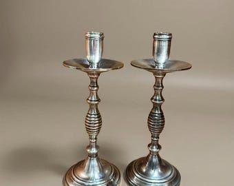 Vintage Portuguese Silver Tone Candlesticks Pair PORTU Stamp Beehive Stem Mid Century Portugal Decor