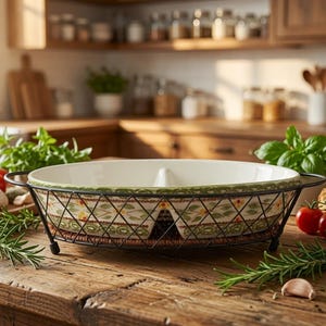 Vintage Temp-tations Old World Green Divided Baker, Wire Basket and Rattan Trivet
