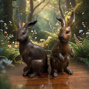 Vintage Bronze Glazed Ceramic Rabbit Pair, Country Cottage Hare Statues