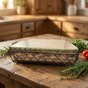 Temp-tations Old World Green Hand-Painted Stoneware Baker, 13x11 Rectangular Dish