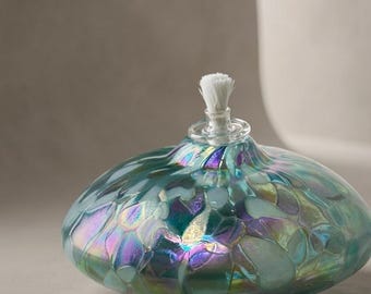 Vintage Hand Blown Art Glass Oil Lamp – Iridescent Blue Green Confetti Mosaic Candle