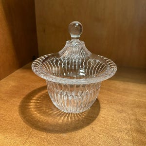 Vintage Ribbed Glass Jam Jar, Scalloped Rim Candy Dish, MCM Crystal Pot