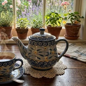 May include: A ceramic teapot and matching teacup with saucer, both featuring a blue and white floral pattern with yellow centers. The teapot has a lid and a curved handle. A small silver spoon rests on the saucer next to the teacup.