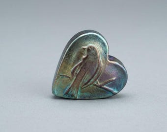 Robert Held Art Glass Signed Iridescent Heart Paperweight - Raised Bird & Branch - Handmade Canada