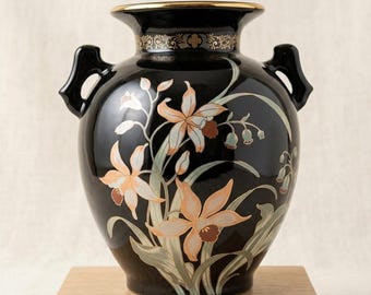 Vintage Japanese Black Porcelain Ginger Jar Vase with Gold Trim & Floral Design