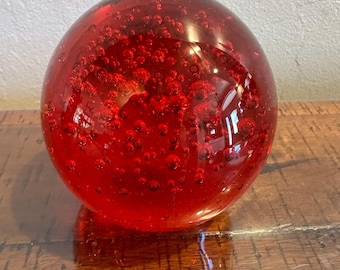 Vintage Ruby Red Glass Paperweight: Controlled Bubble Art Sphere (3 Inch)