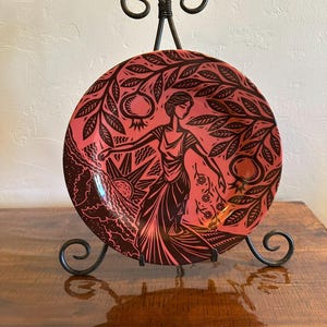 Vintage Homer Laughlin Persephone Plate, Coral Terracotta Pomegranate Linocut
