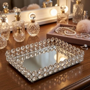 Vintage Hollywood Regency Mirrored Vanity Tray with Crystal faux Rhinestones – MCM Dresser Organizer