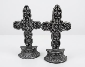 Vintage Ornate Cast Iron Cross Bookends - Ornate Filigree Religious Decor, Set of 2