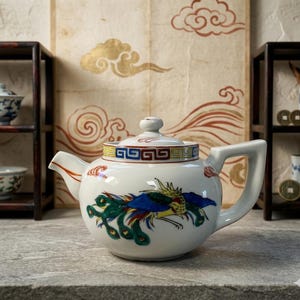May include: White ceramic teapot with a colorful phoenix design. The teapot features a lid with a geometric border and a curved handle. The phoenix is depicted in blue, green, and yellow. The teapot is part of a tea set.
