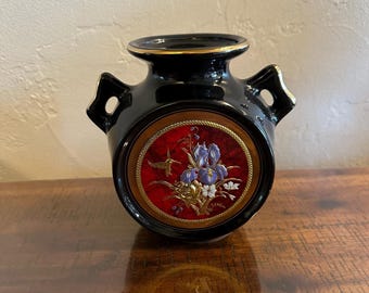 Vintage Chokin Vase, Japanese Porcelain, 24K Gold Hummingbird Iris Flower Urn