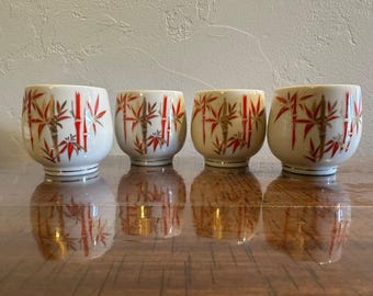 Vintage Japan Ceramic Yunomi Cups Set: Red Bamboo, Gold Leaf (Set of 4)