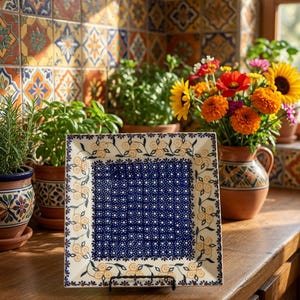 Vintage Manufaktura Polish Pottery Square Dinner Plate, Cobalt Blue Floral Stoneware