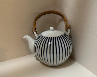 Vintage Japanese Tokusa Teapot Blue and White Striped Porcelain with Wicker Handle
