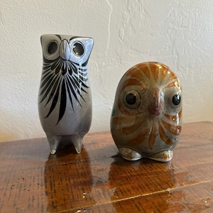 Vintage Tonala Mexican Pottery Owls 1970s Hand Painted Ceramic Folk Art Figurines Jalisco