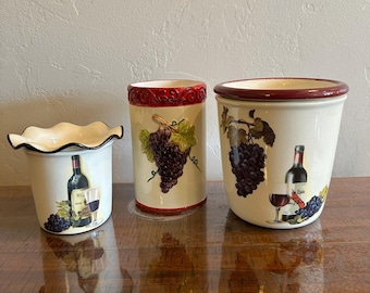 Vintage Wine Grapes Canister Set Ceramic Tuscan Kitchen Counter Storage Jars 3 Piece