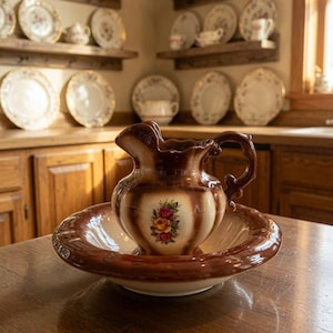 Vintage Ceramic Pitcher and Basin Set: Brown Drip Glaze Floral Decal Vanity Decor