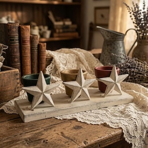 Primitive Metal Triple Star Planter Stand with Terracotta Pots – Rustic Farmhouse Decor