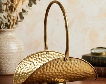 Vintage Hammered Brass Basket, Dutch Log Holder Centerpiece, 10" Handled Flower Trug