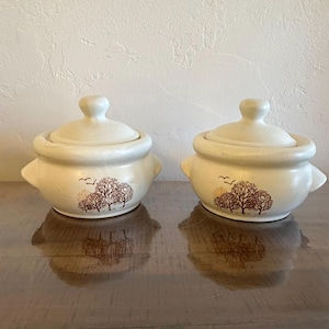 May include: Two off-white ceramic lidded bowls with side handles. Each bowl features a brown tree design with birds. The lids have a rounded knob. The bowls are sitting on a reflective surface.